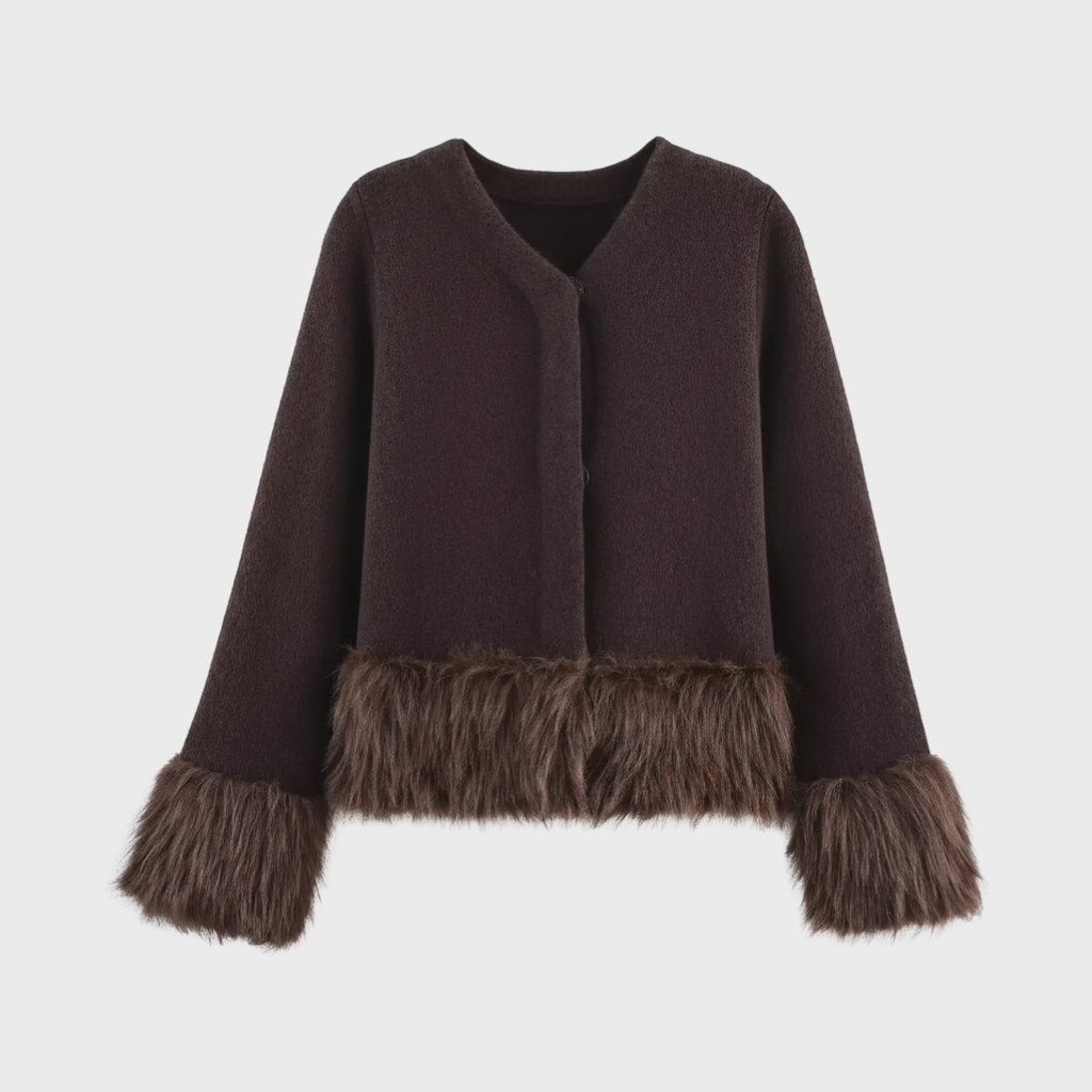 PATCHWORK-STRICKJACKE MIT KUNSTFELLBESATZ