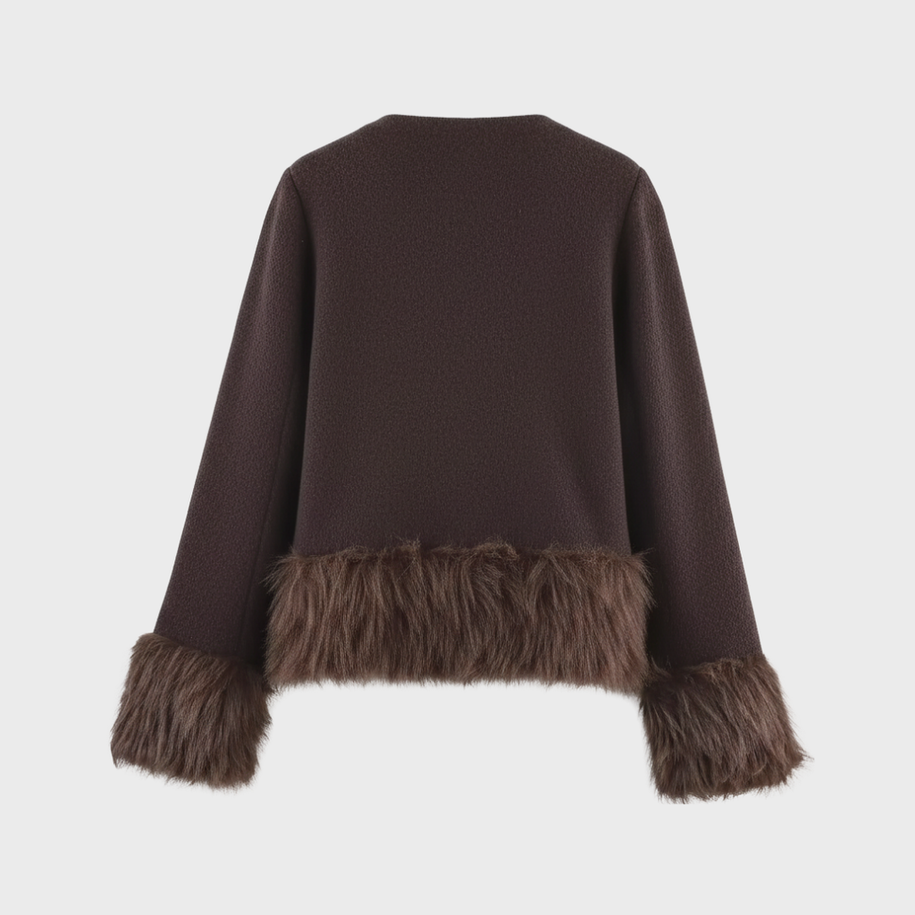 PATCHWORK-STRICKJACKE MIT KUNSTFELLBESATZ