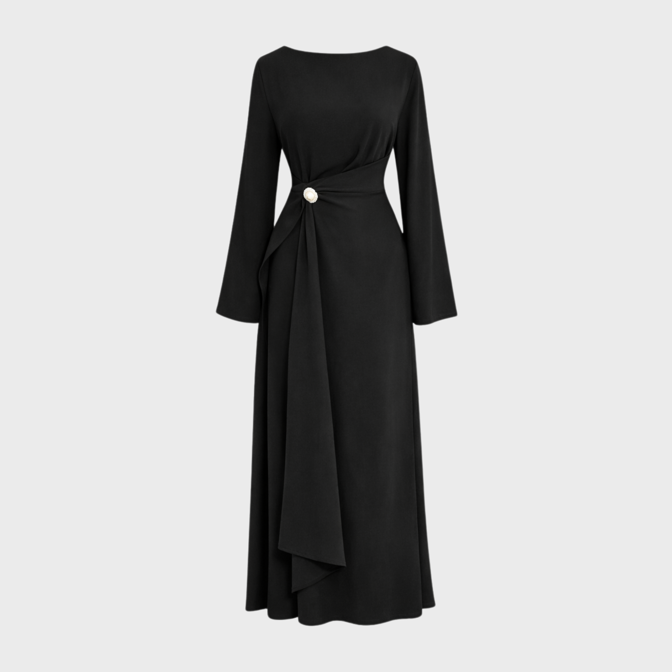 LANGES KLEID MIT DRAPIERUNG UND SCHMUCKKNOPF