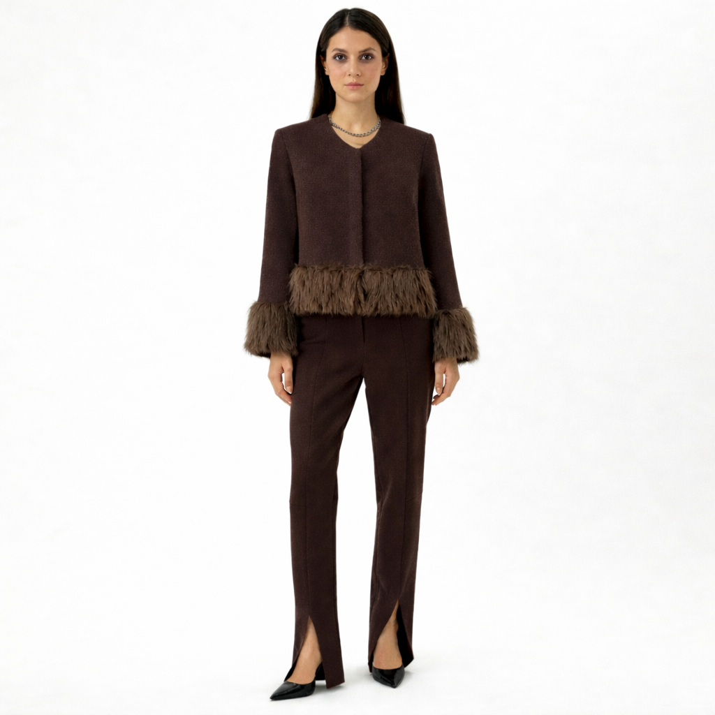 PATCHWORK-STRICKJACKE MIT KUNSTFELLBESATZ